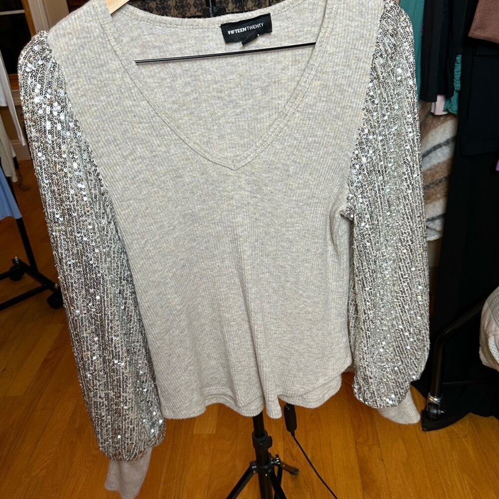 Fifteen Twenty Beige Sequin Sleeve Blouse